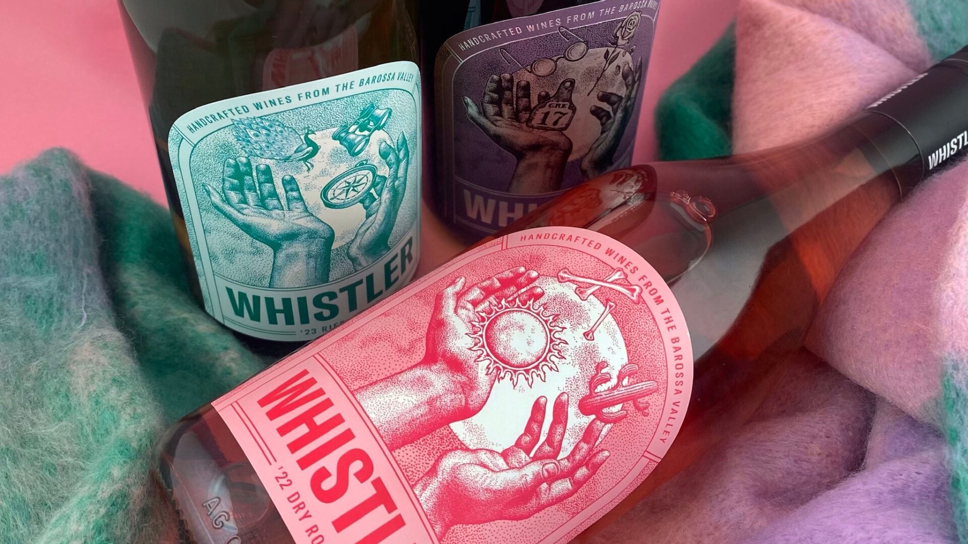Whistler Wines - three colourful bottles with intricate illustrations