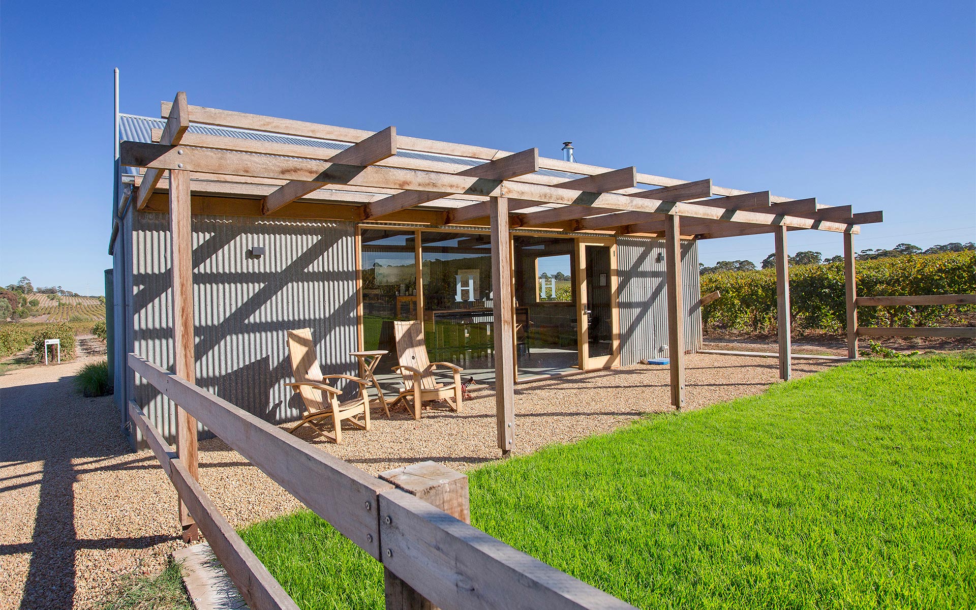 Hayes Family Wines cellar door building among the vineyards